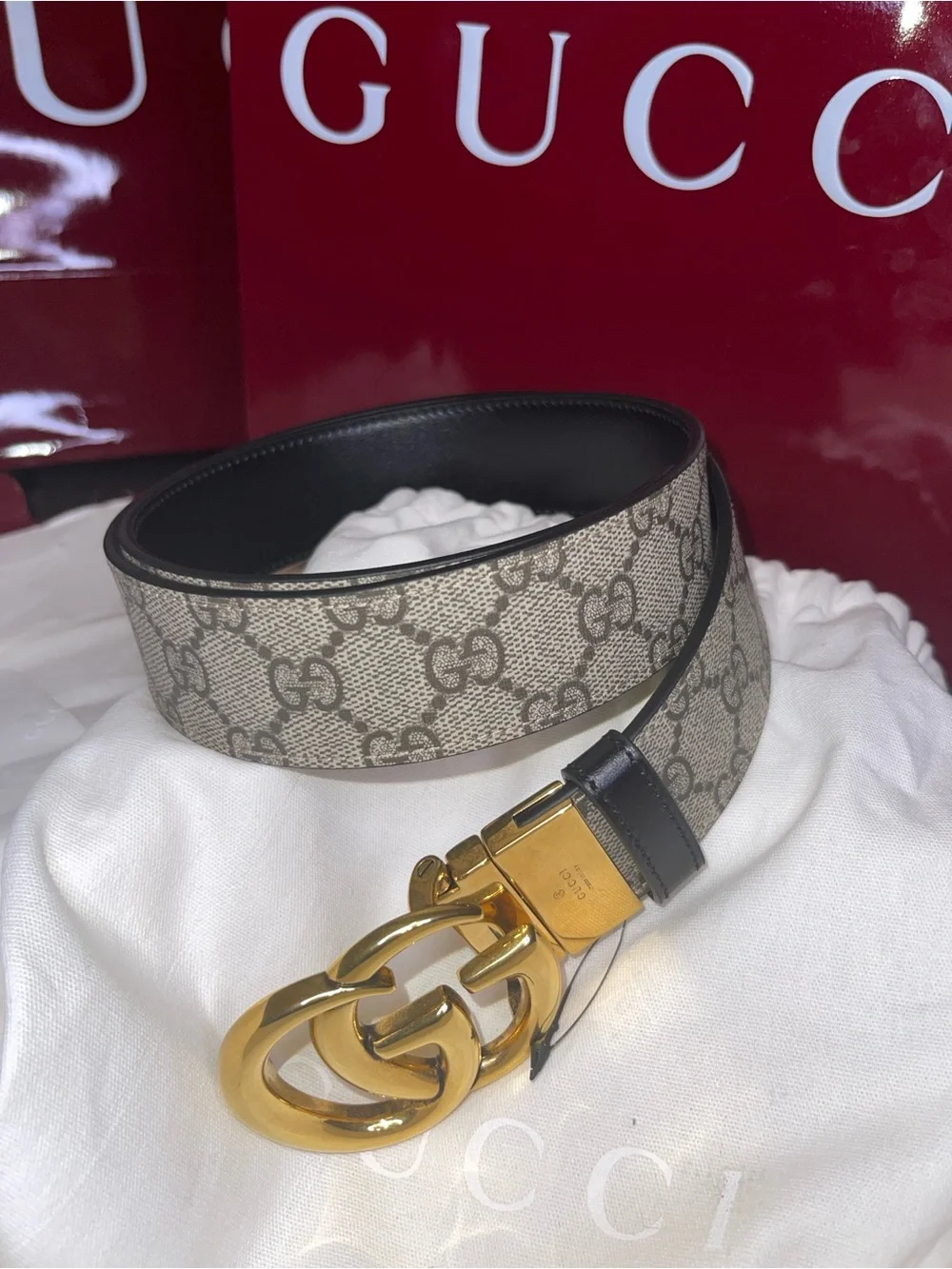 Gucci Reversible Beige GG Canvas Belt with Black Trim and Gold Double G Buckle